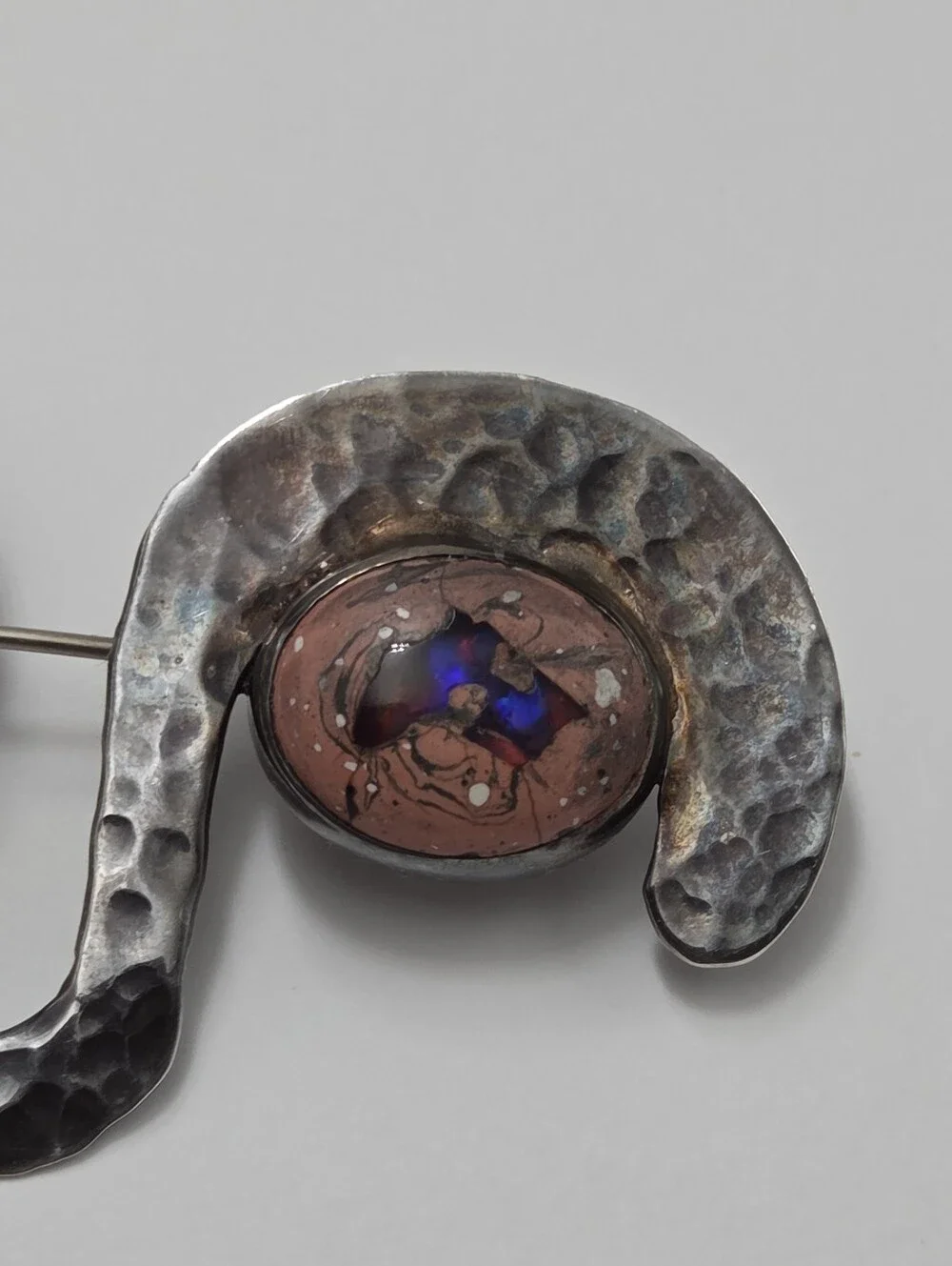 Vintage Mexican Sterling, Fire Opal, Pink Tourmaline Abstract Snake Brooch